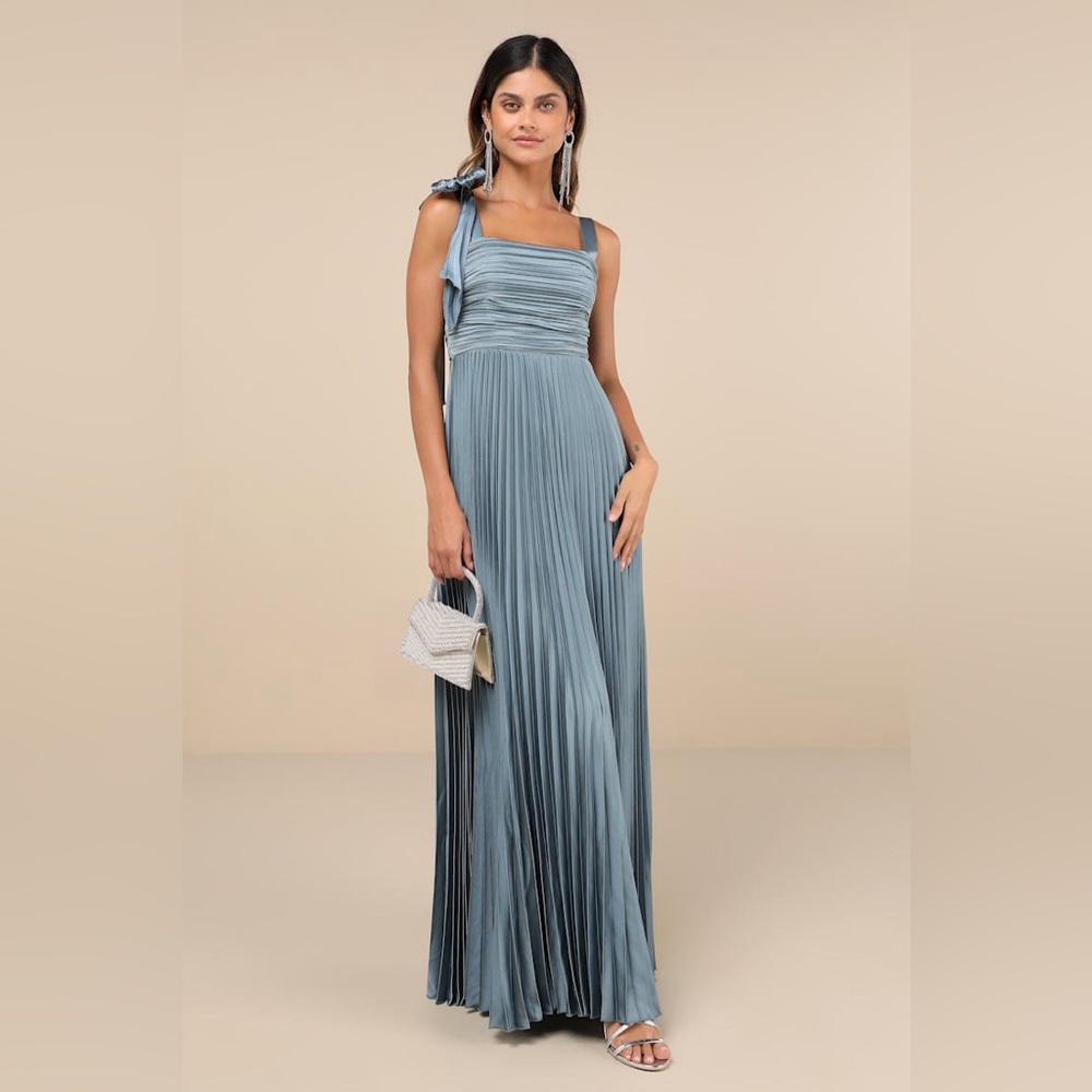 Lulus Gorgeous Purpose Slate Satin Pleated Sleeveless Bow Maxi Dress Size Small